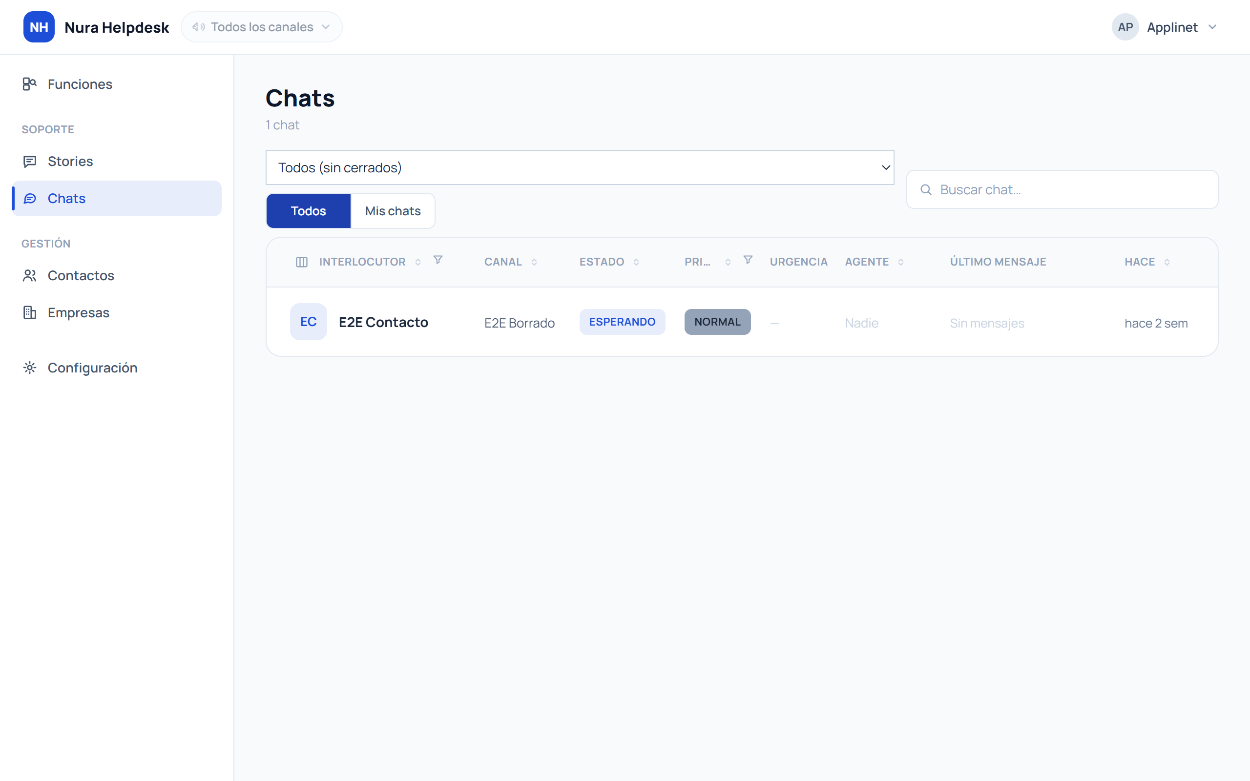 Bandeja de chats en vivo de Nura Helpdesk con las conversaciones en curso