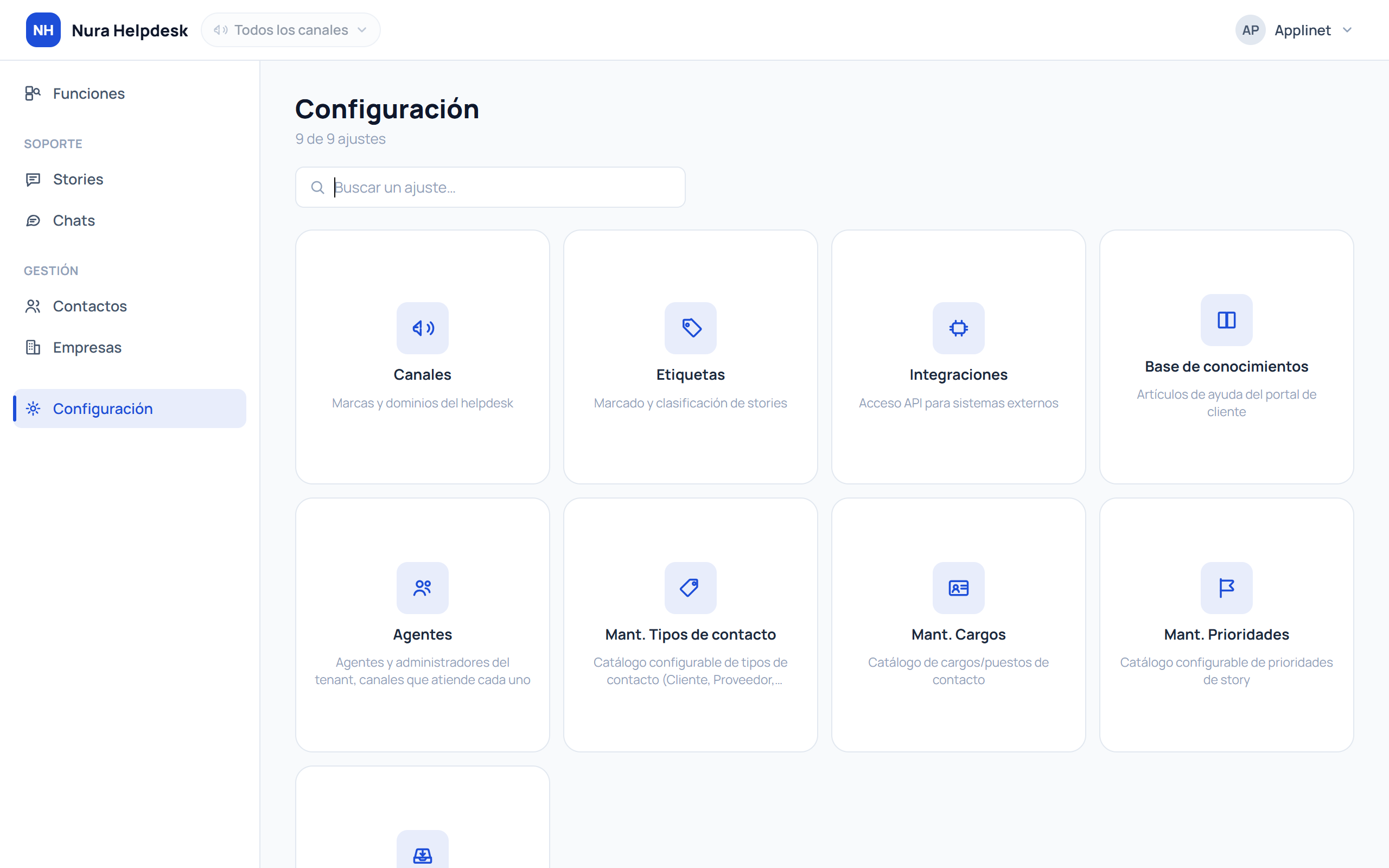 Pantalla de configuración de Nura Helpdesk, con los ajustes de canales, etiquetas, prioridades y agentes