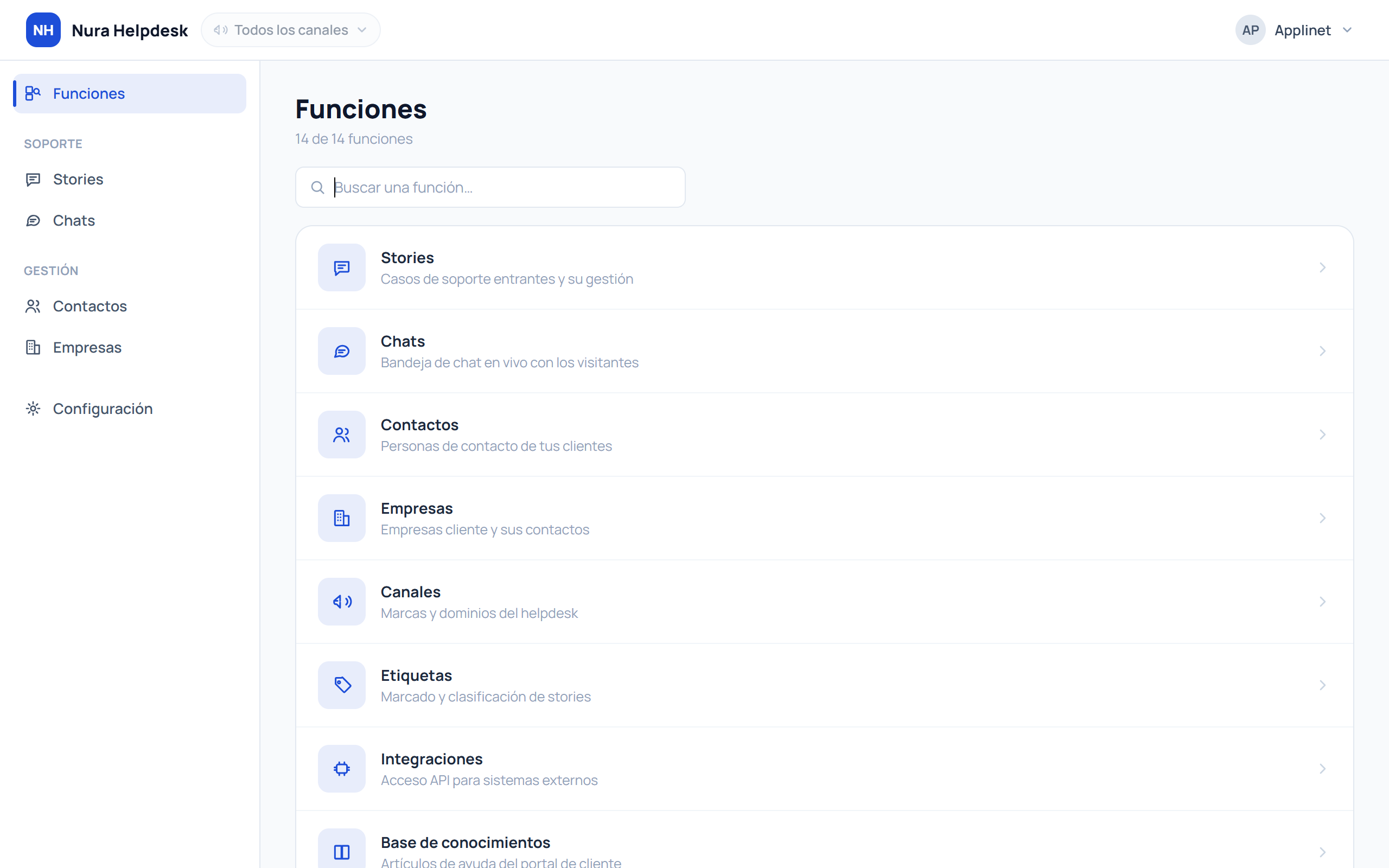 Índice de funciones del panel de gestión de Nura Helpdesk