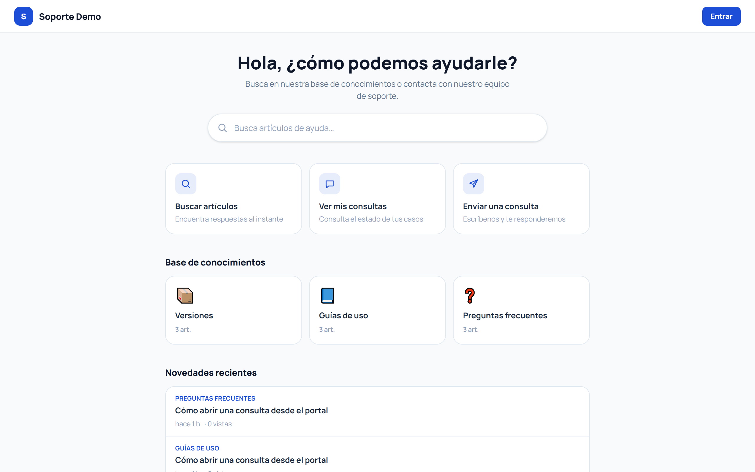 Portal de cliente de Nura Helpdesk con sus accesos rápidos y su base de conocimientos