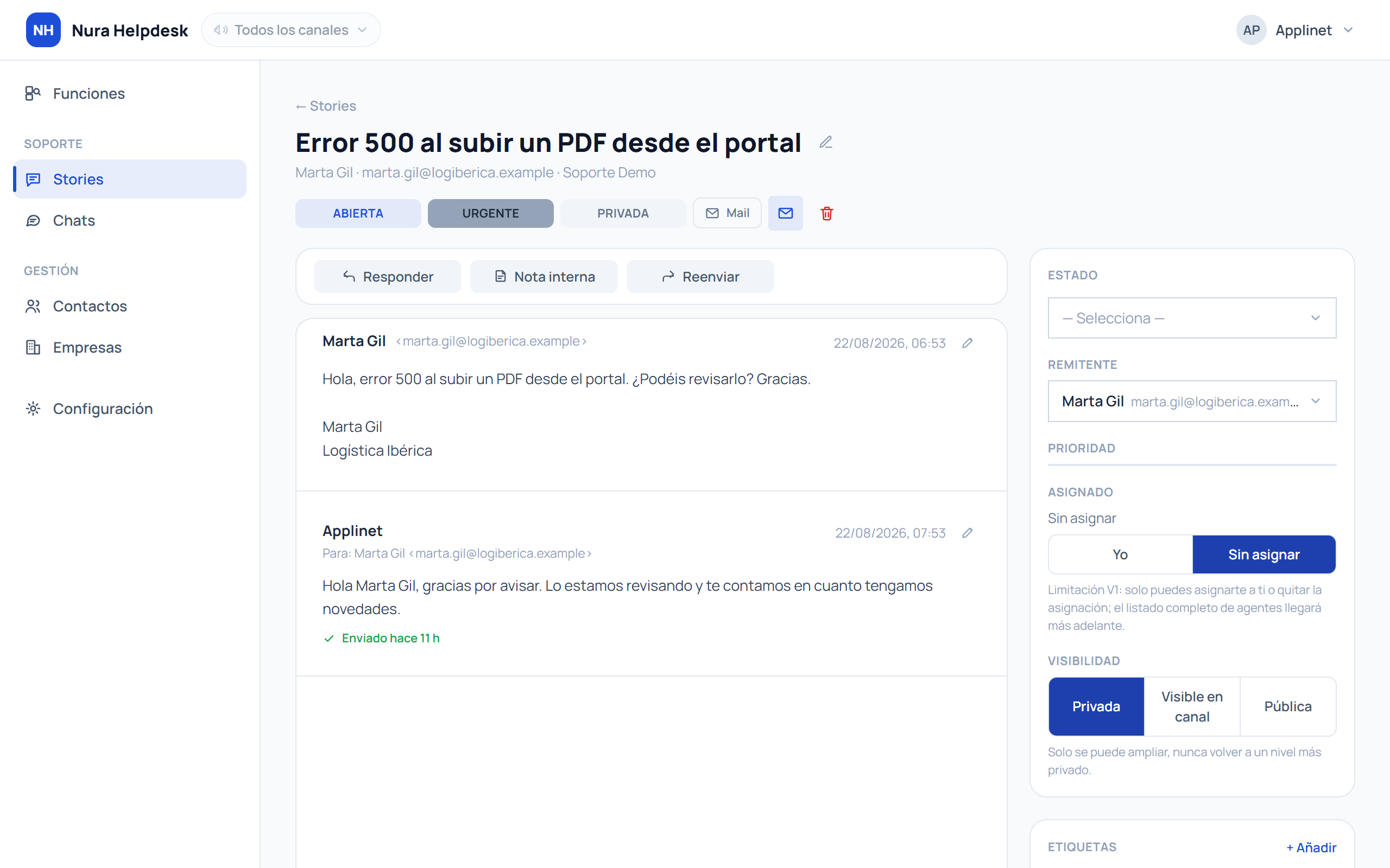 Ficha de un caso de Nura Helpdesk con la conversación completa